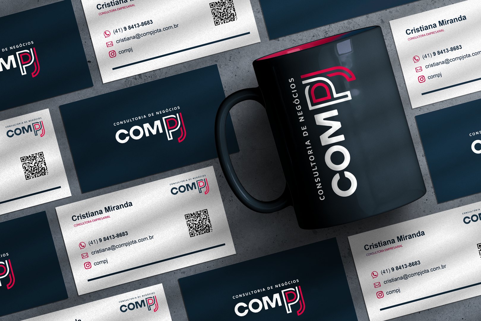 COMPJOTA Consultoria de Negócios: cartões de visita e caneca com a nova identidade visual